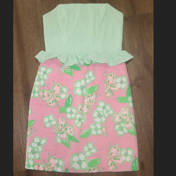 Womens Lilly Pulitzer Lowe Pretty Pink Green Gingham Tootie Strapless Dress sz 2 - Picture 2 of 6